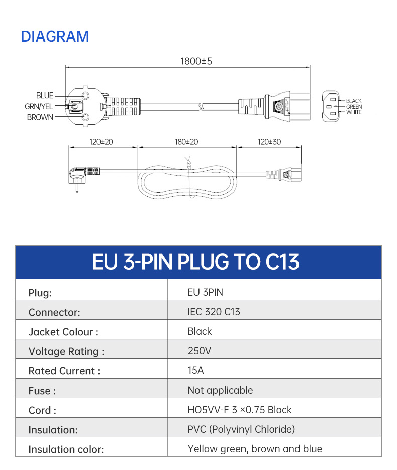 Europe 3-Pin Angle Plug To IEC 320 C13 AC Power Cord (图3)