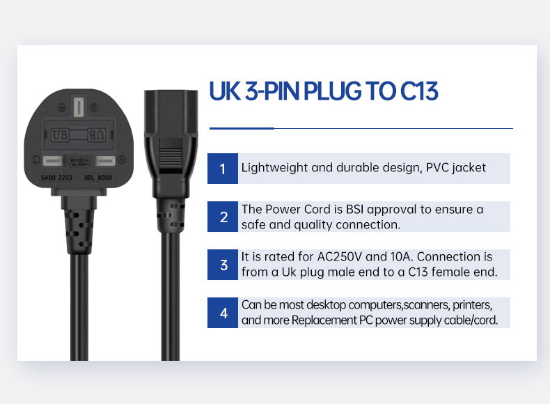 UK 3-Pin Plug To IEC 320 C13 AC Power Cord(图2)