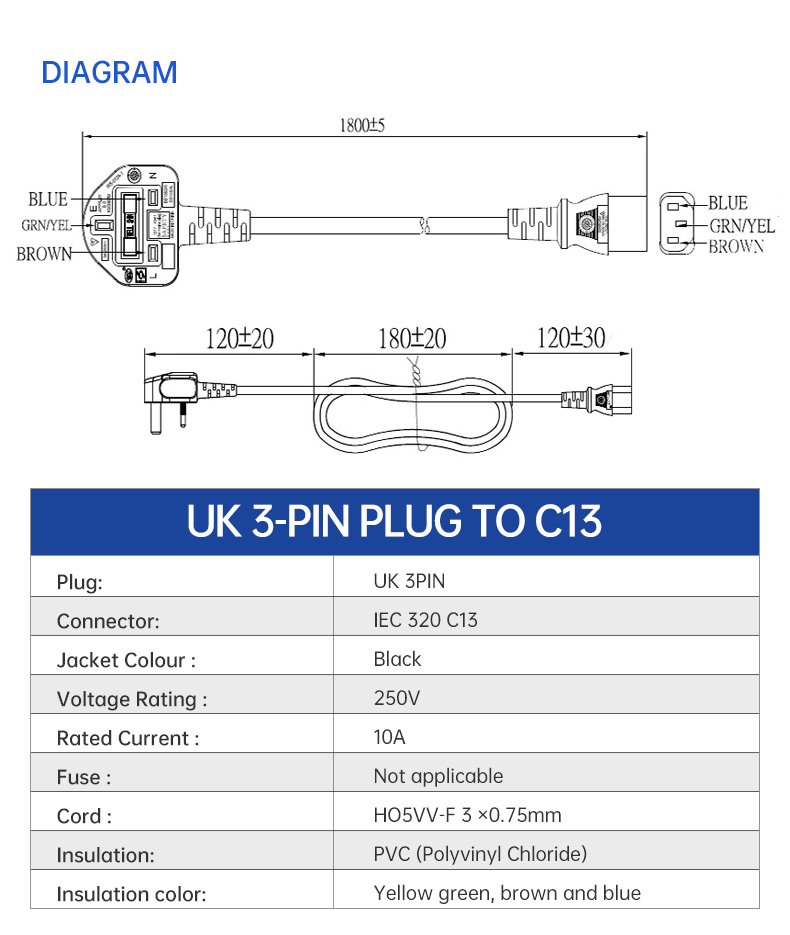 UK 3-Pin Plug To IEC 320 C13 AC Power Cord(图3)