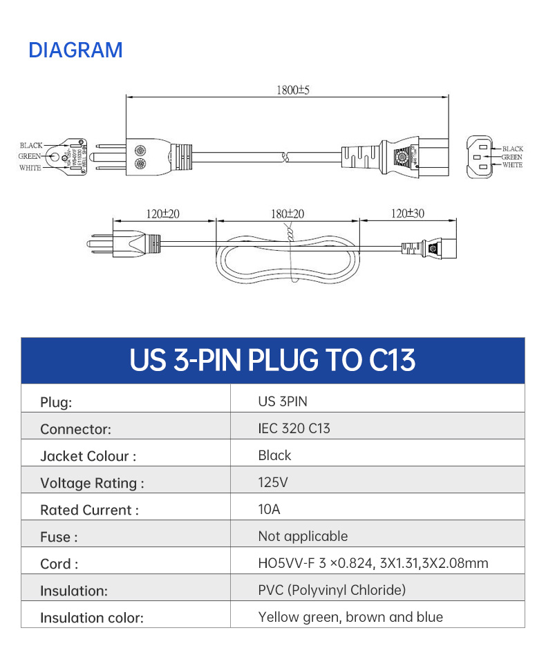 US 3-Pin Angle Plug To IEC 320 C13 AC Power Cord (图3)