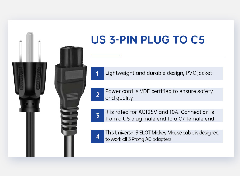 110v US Computer Power Cord IEC C5 3 Prong Connector(图2)