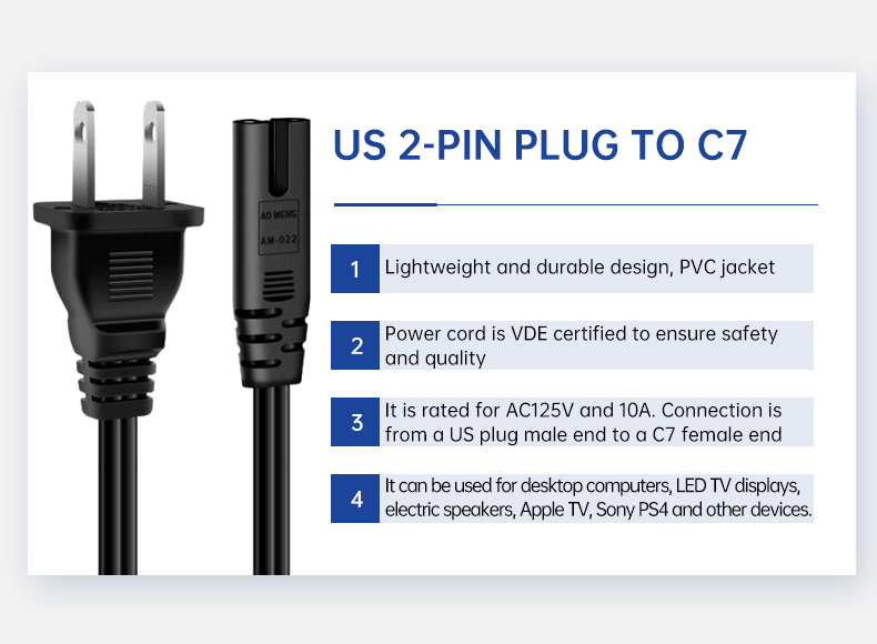 USA standard American 2 Prong Plug Black Power Cord C7(图2)