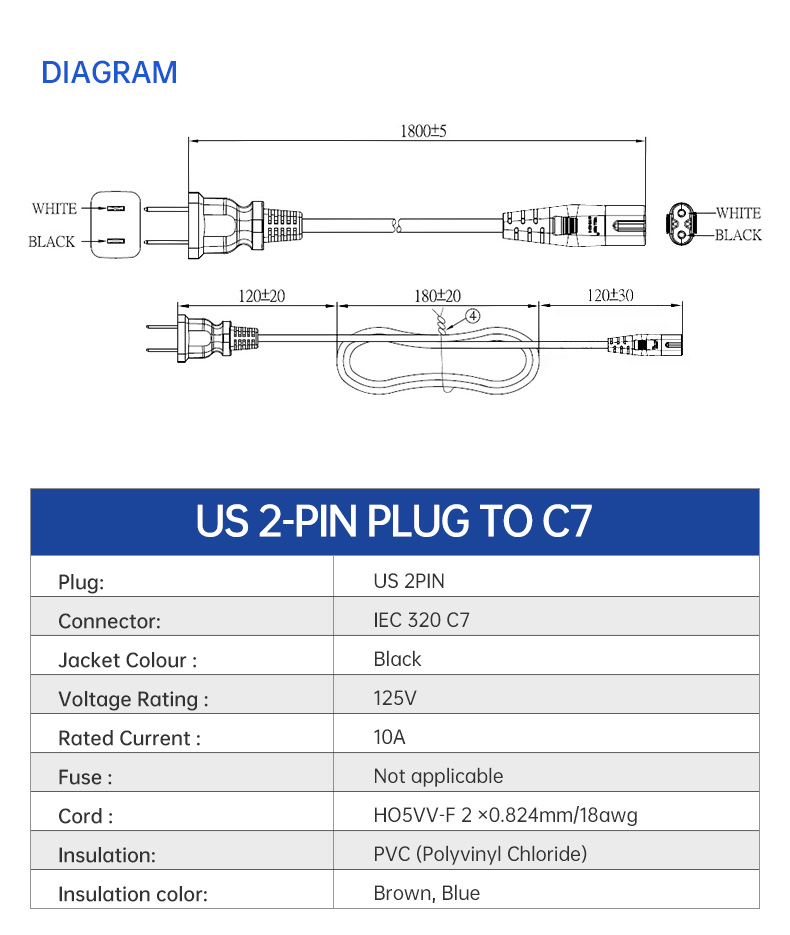 USA standard American 2 Prong Plug Black Power Cord C7(图3)