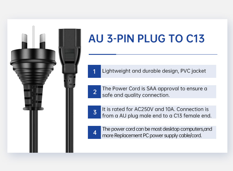 AU 3-pin Plug to C13 AC Extension Power Cord(图2)